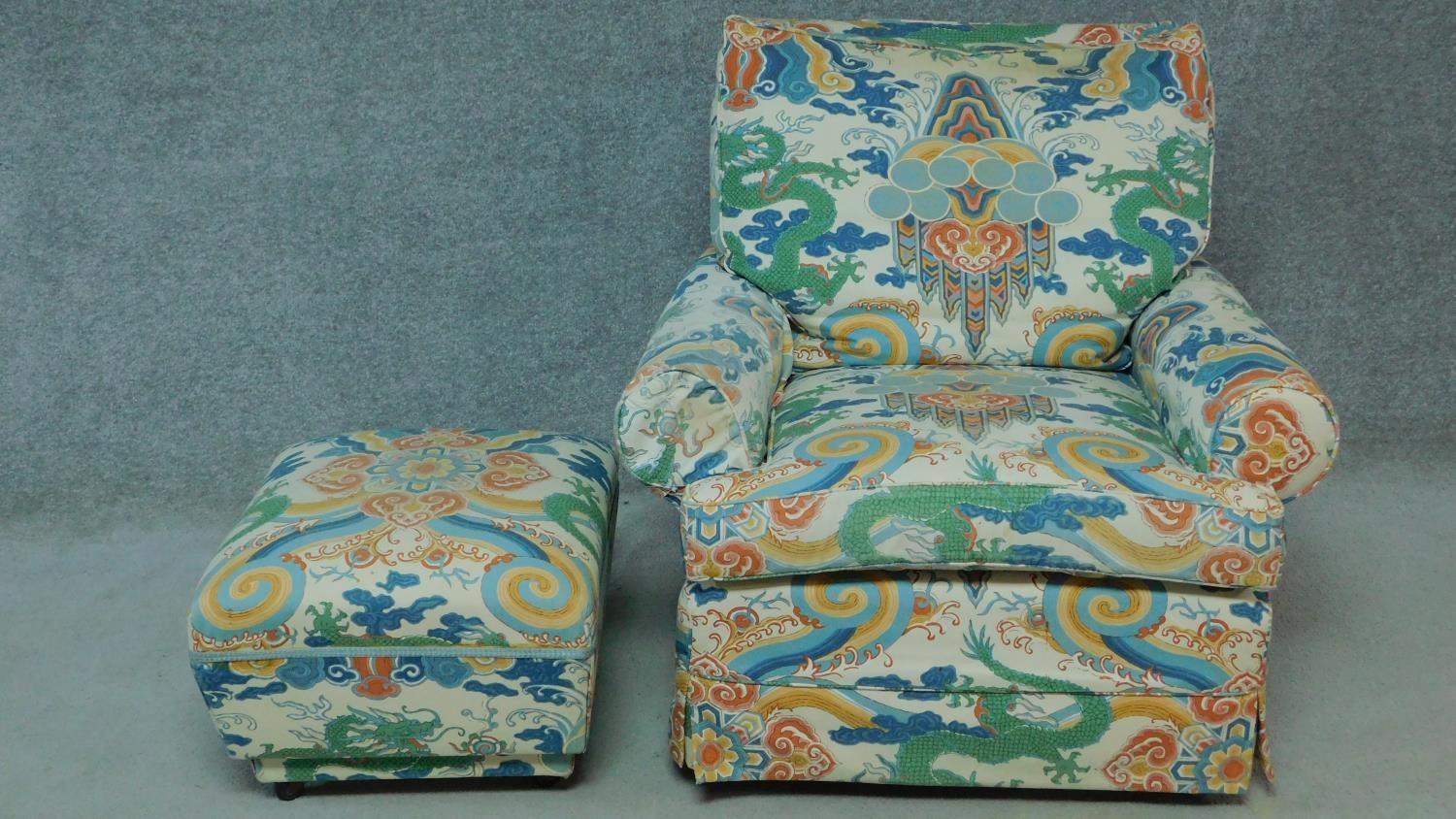 An armchair in polychrome Chinese style upholstery with the matching footstool. H.84cm - Image 2 of 5