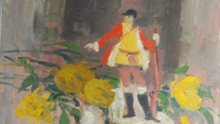 An oil on canvas, surreal study, man and flowers, gallery label verso. indistinctly signed. 62x51cm