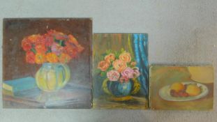 Two oils on board, still life flowers and an oil on canvas, still life of fruit. All unframed.