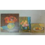 Two oils on board, still life flowers and an oil on canvas, still life of fruit. All unframed.