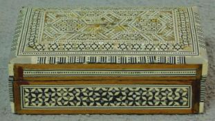 A vintage middle eastern Damascus inlaid mother of pearl and bone micro mosaic jewellery box with