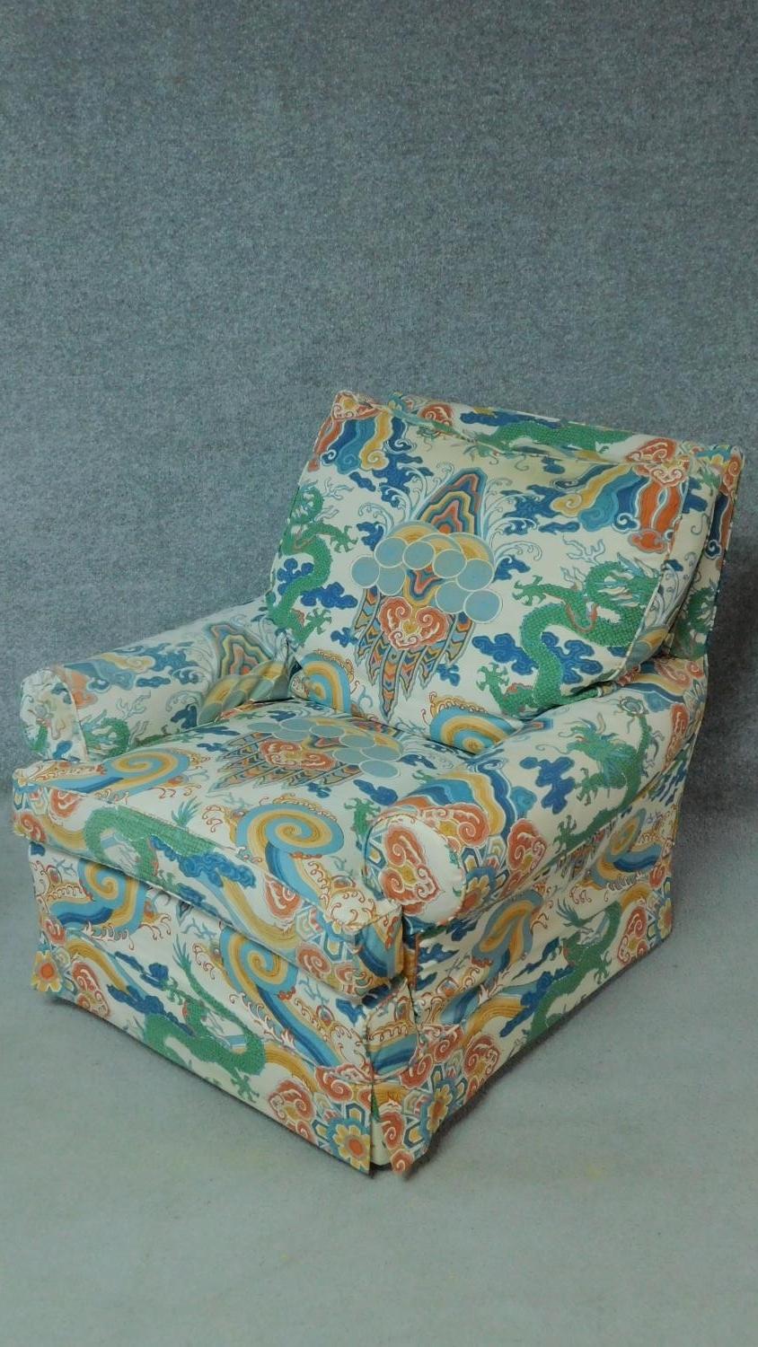An armchair in polychrome Chinese style upholstery with the matching footstool. H.84cm - Image 3 of 5