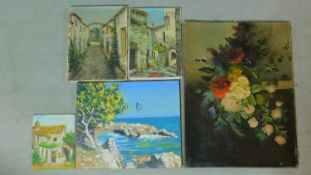 Four oils on canvas, still lifes and cityscapes together with an oil on board, village scene, four