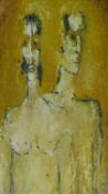 A framed oil on board, expressionist man and woman, signed Alan Clayden. 62x57cm