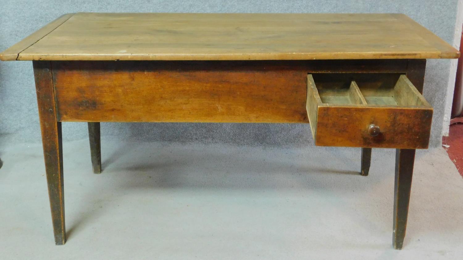 An antique country fruitwood dining table with cleated and planked lift up top above base fitted - Image 2 of 4
