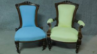 A late Victorian carved mahogany framed armchair in vibrant fabric painted upholstery and the