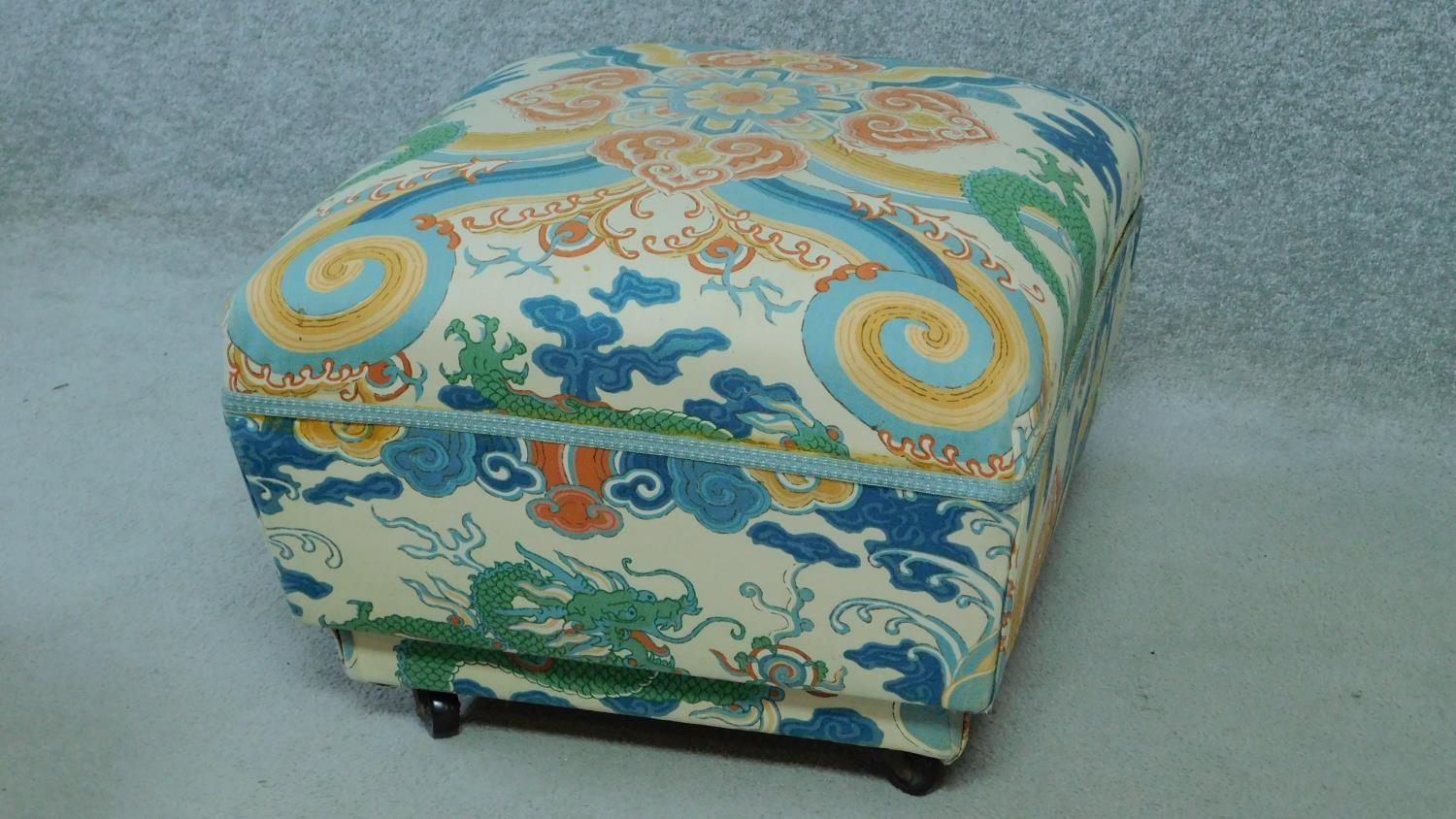 An armchair in polychrome Chinese style upholstery with the matching footstool. H.84cm - Image 5 of 5