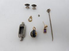 A collection of jewellery. Including a pair of 9ct gold, mother of pearl and silver shirt studs, a