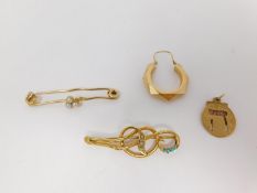 Two 9 ct gold brooches, a hoop earring and an Arabic circular pendant. One brooch set with turquoise