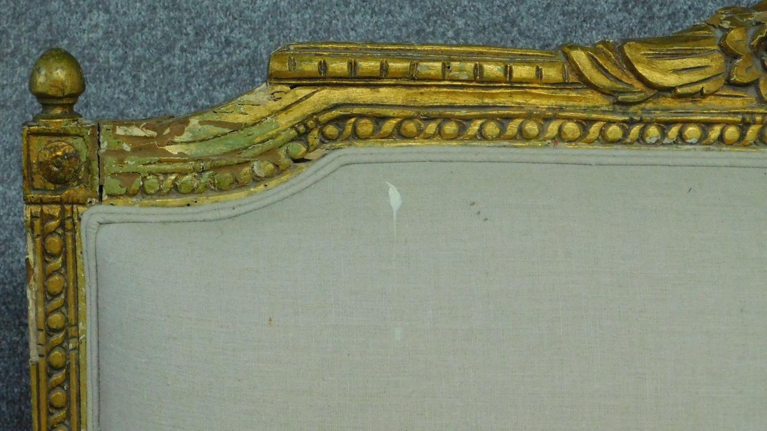 A Louis XVI style carved giltwood sofa with cream upholstery raised on turned tapering supports. H. - Image 3 of 10