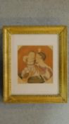 A carved gilt wood framed and glazed antique hand coloured print of a mother and child and their