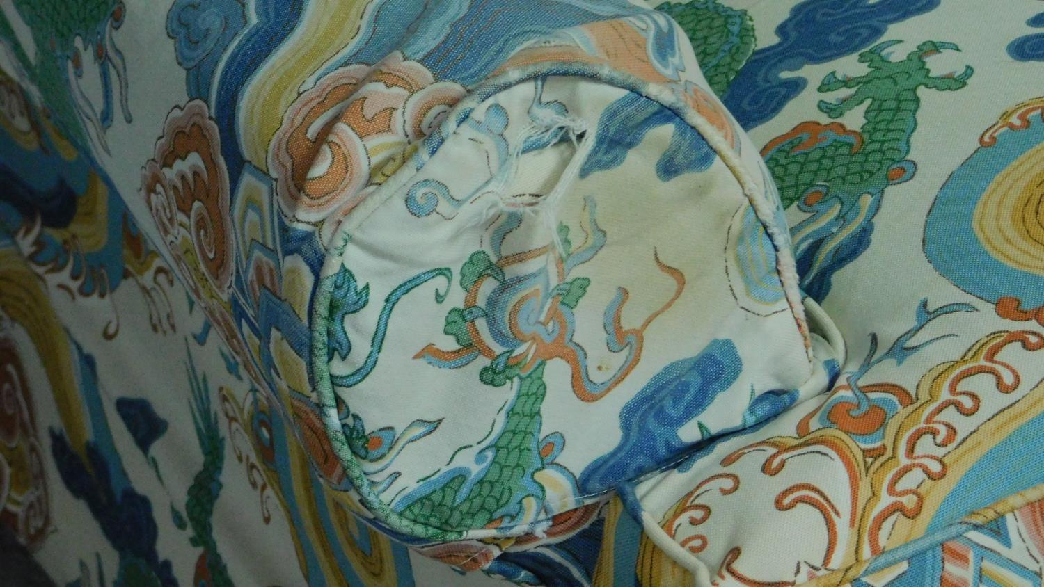 An armchair in polychrome Chinese style upholstery with the matching footstool. H.84cm - Image 4 of 5