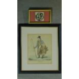 Two framed and glazed coloured lithographs, Les Grimaces and the classical alma mater coachman