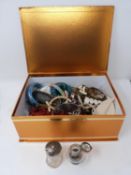 A collection of costume jewellery and watches along with a salt pot and desk ink well.