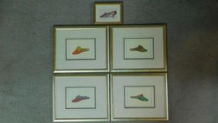 A set of five framed and glazed coloured lithographs of various historical ladies shoe styles.