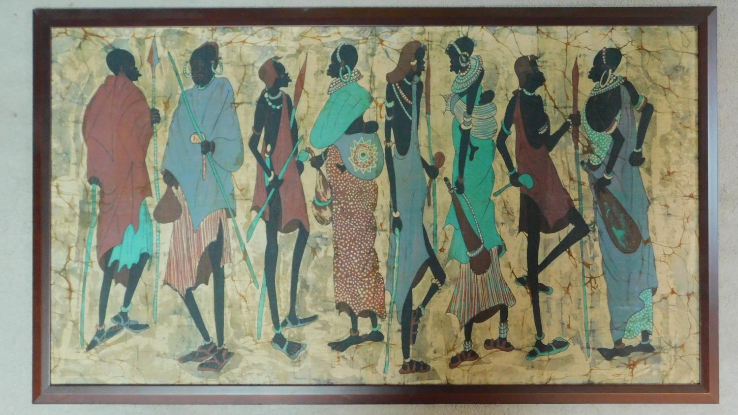 A large framed painting on silk, Tribesmen, signed. 145x84cm - Image 2 of 4