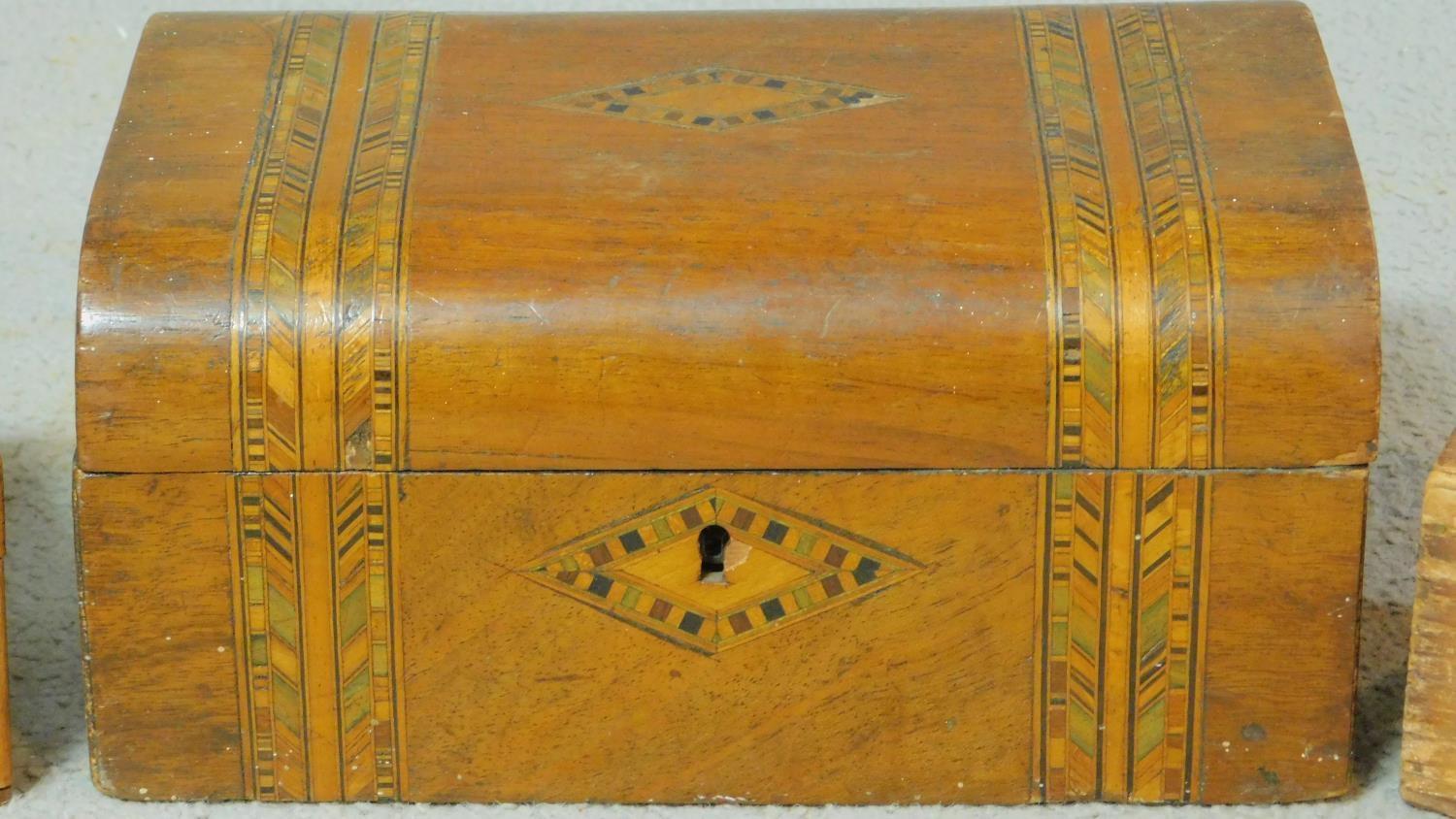 Two antique jewellery boxes, one antique walnut and satinwood inlaid with papered interior, the - Image 3 of 7