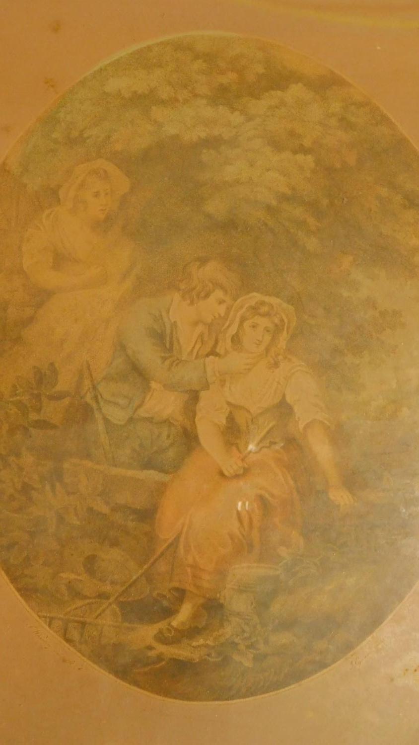 A pair of Victorian framed and glazed coloured lithographs on silk of couples. 57x47cm - Image 4 of 6