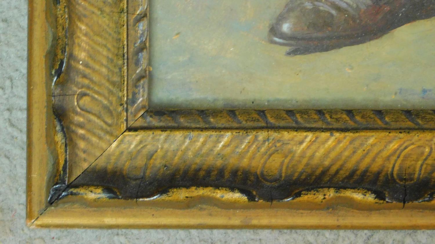 A gilt framed oil on board, man versus leopard, unsigned. 39x58cm - Image 3 of 4
