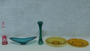 A miscellaneous collection of vintage coloured glass. Including a cut to clear cranberry glass