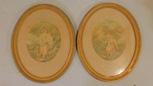 A pair of Victorian framed and glazed coloured lithographs on silk of couples. 57x47cm