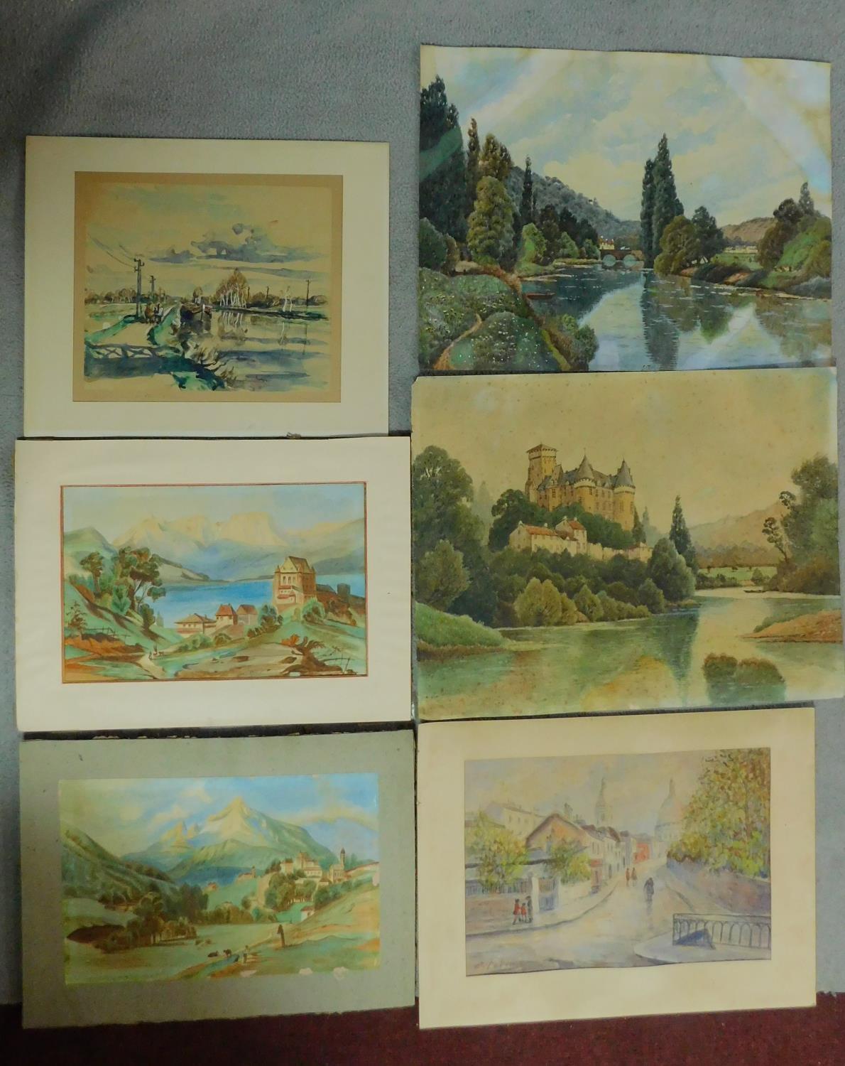 A miscellaneous collection of five watercolours together with a similar pastel. 50x65cm (largest)