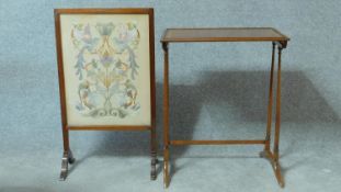 A Victorian mahogany glazed firescreen with woollen embroidered panel and an Edwardian mahogany