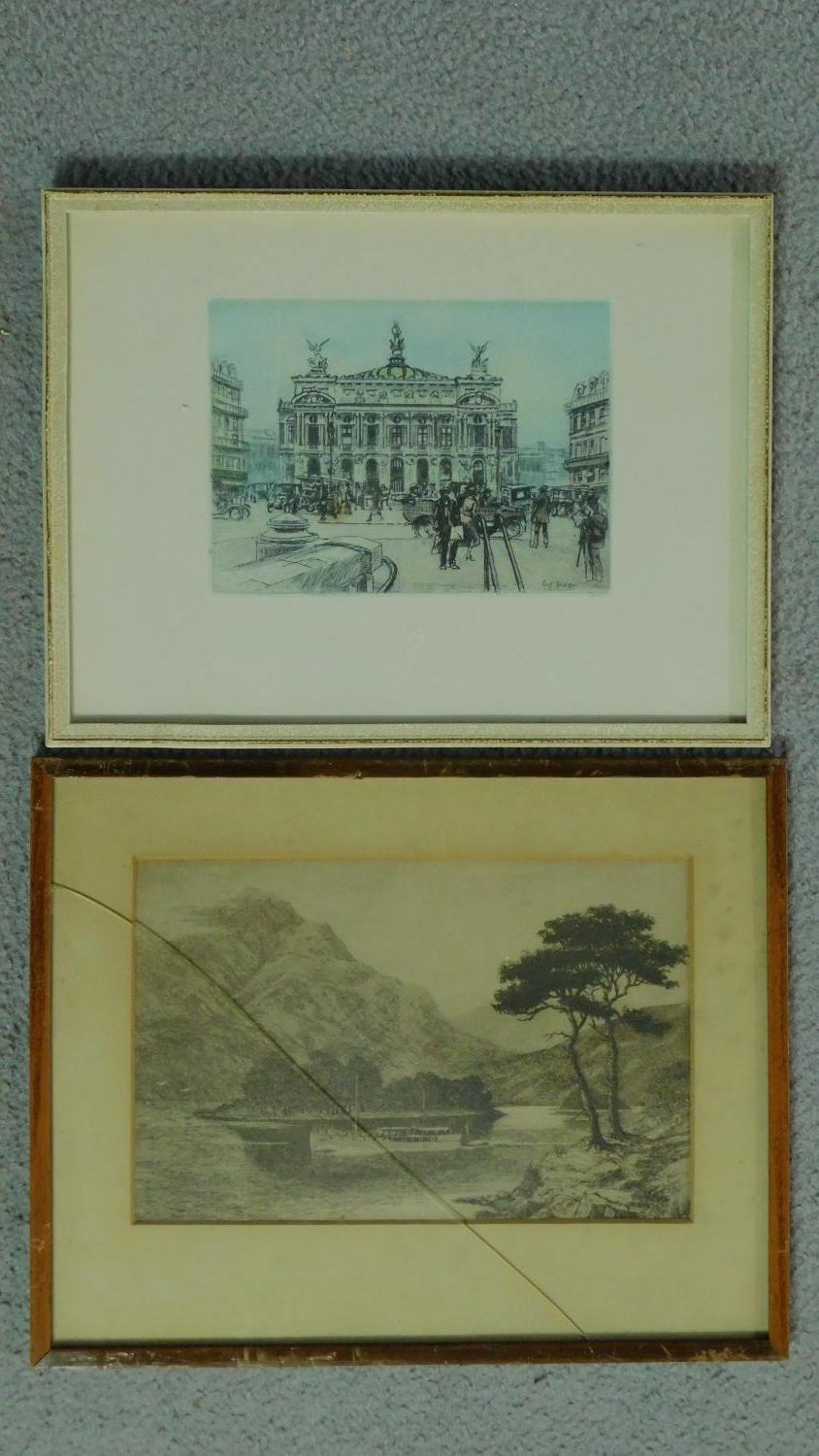 Two framed and glazed etchings, Parisian Scenes, by Eugene Veder and a river scene, unsigned.