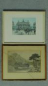 Two framed and glazed etchings, Parisian Scenes, by Eugene Veder and a river scene, unsigned.