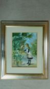 A framed and glazed Victorian coloured lithograph titled 'Feeding Polly' of a young girl in a