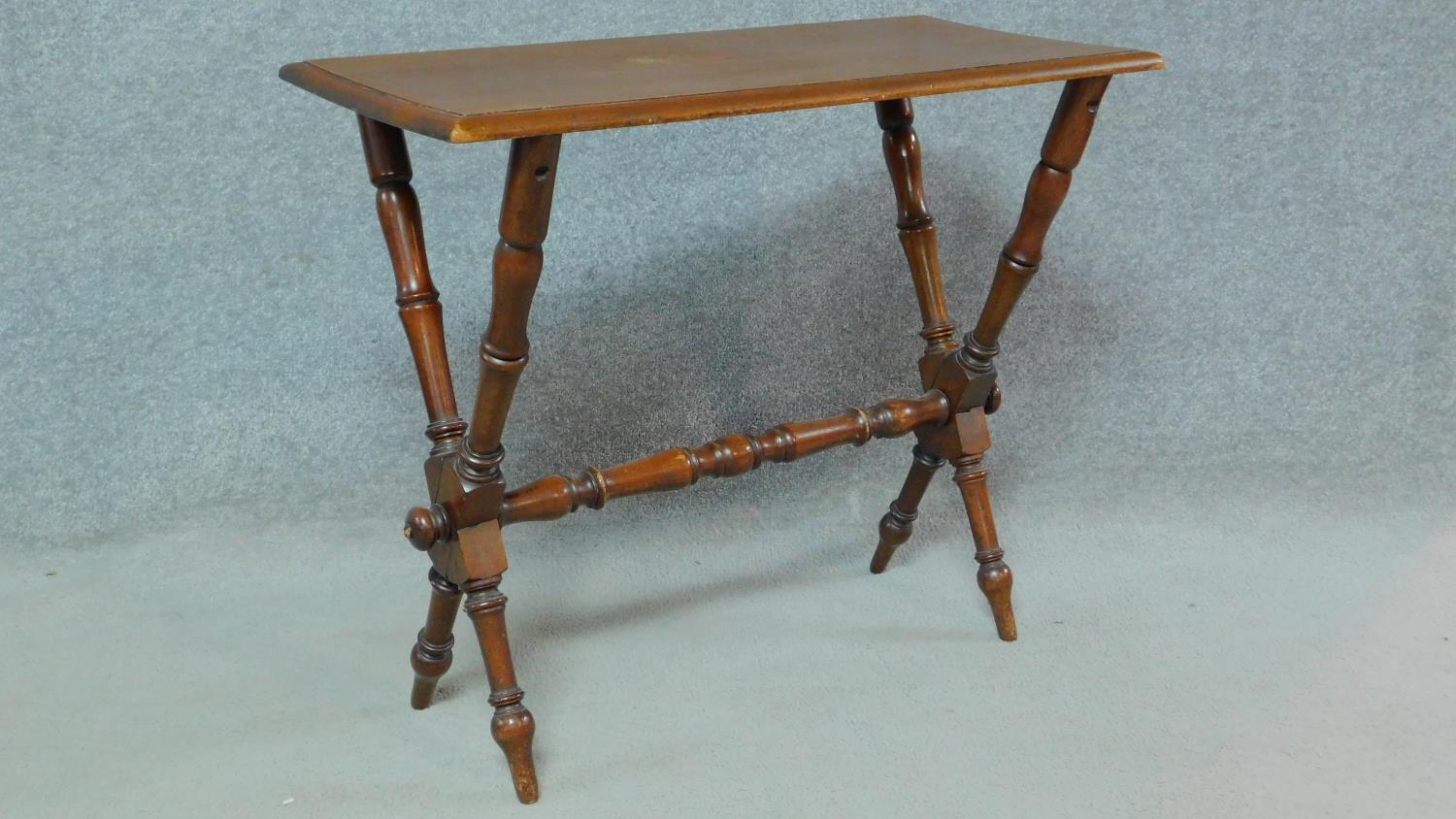 A Victorian mahogany corner whatnot and a mahogany stretcher table on faux bamboo supports. H.67 W. - Image 7 of 9