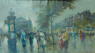 A large mid century gilt framed oil on canvas, Paris street scene, indistinctly signed. 80x140cm