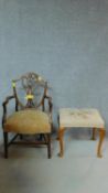 A 19th century mahogany Hepplewhite style armchair and a tapestry upholstered footstool. H.96cm