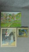 A gilt framed oil on canvas, A Queen's Life Guard on horseback, a naive country canal scene and