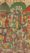 A framed African tribal batik depicting a tribal village. 78x91cm