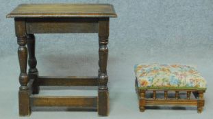 An oak antique style joint stool and a Victorian walnut footstool. H.46 W.46 D.27cm (largest)