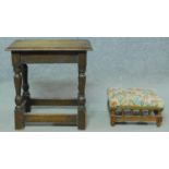 An oak antique style joint stool and a Victorian walnut footstool. H.46 W.46 D.27cm (largest)