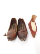 A pair of antique Turkish leather child's slippers along with an antique Chinese silk embroidered