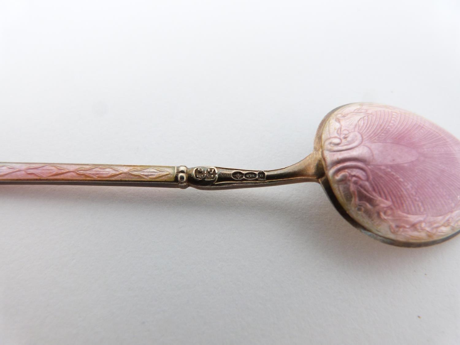 A collection of ten silver tea spoons. A set of four Norwegian gilded pink guilloche enamel coffee - Image 9 of 15