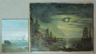 A 19th century oil on board, masted ships at sea and another similar. 47x60cm (largest)