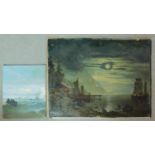 A 19th century oil on board, masted ships at sea and another similar. 47x60cm (largest)