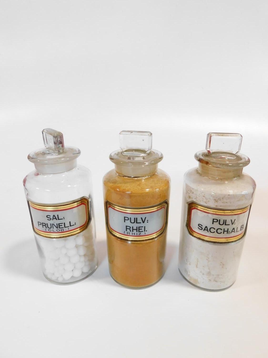 A collection of fourteen 19th century clear pharmacy/chemist jars each with a gilt-bordered red / - Image 6 of 10