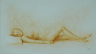 A framed oil on canvas, naked woman lying on a bed, signed by Frank Aris. 140x79cm