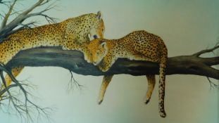 A framed acrylic on canvas by Paul Gasoir, a mother leopard and her cub grooming on a tree branch,