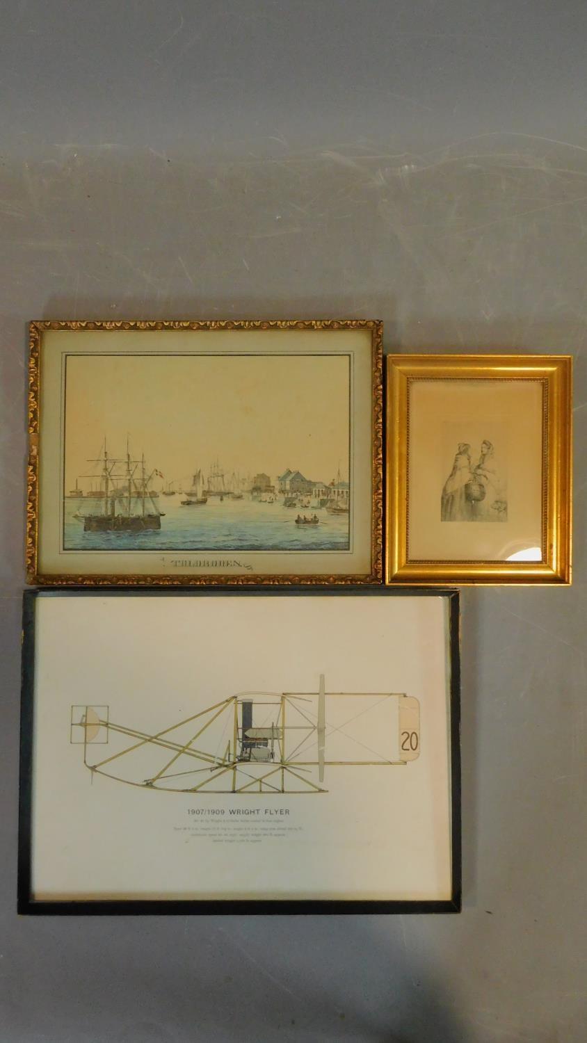 Three framed and glazed prints, boats by a port city, two ladies and 'Wright Flyer' schematics.