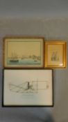 Three framed and glazed prints, boats by a port city, two ladies and 'Wright Flyer' schematics.