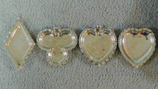 A set of four playing card suit scalloped edge pin trays hallmarked: A & JZ for A & J Zimmerman