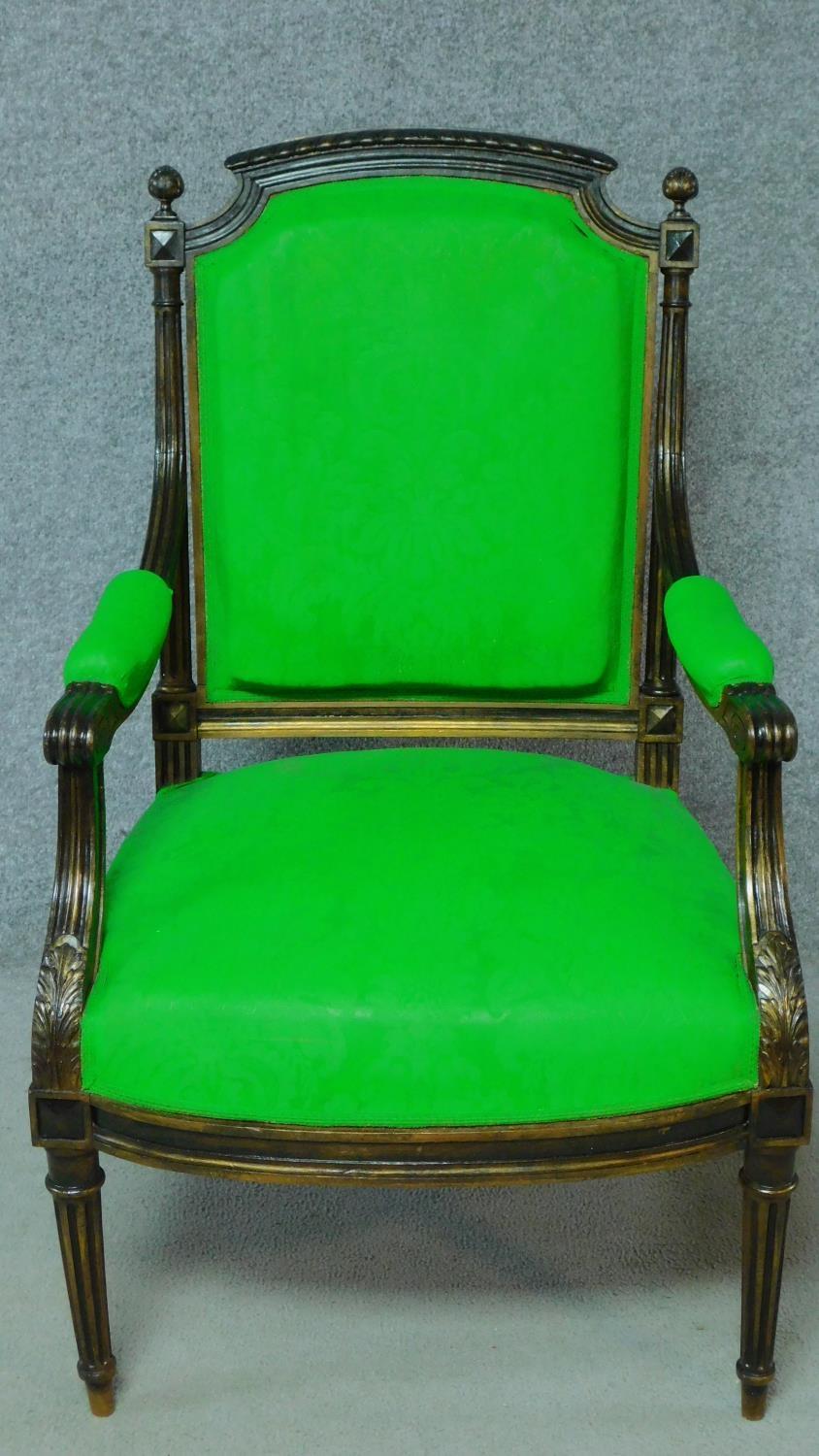 A 19th century French walnut armchair in vibrant green fabric painted upholstery. H.98cm
