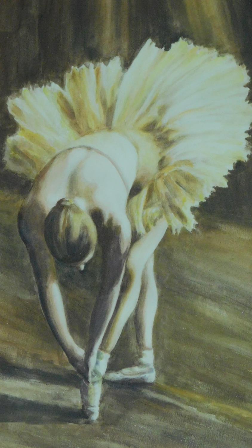 A framed and glazed watercolour, ballerina stretching, signed by Auster. 53x38cm