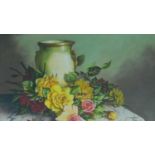 A framed oil on canvas, still life flowers on a console table, signed by Arthur Fidler. 57x66cm